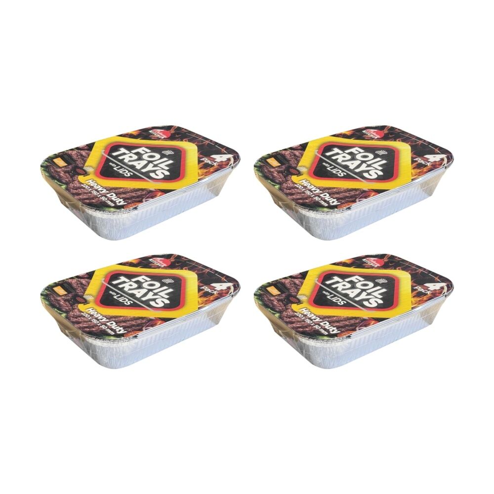 4x 4pc Braz Aluminium Foil Disposable Rectangle Trays W/ Lids 26x18x6cm Silver