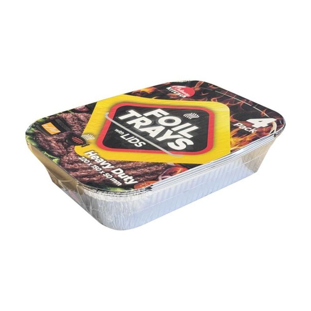 4x 4pc Braz Aluminium Foil Disposable Rectangle Trays W/ Lids 26x18x6cm Silver