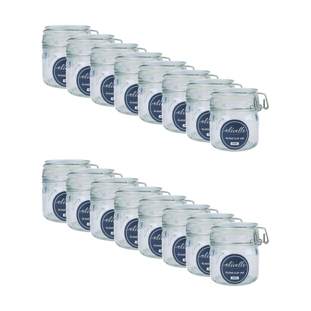 16PK Olivelle Glass Storage Jar W/ Metal Clasp & Airtight Clip Lid 100ml Clear