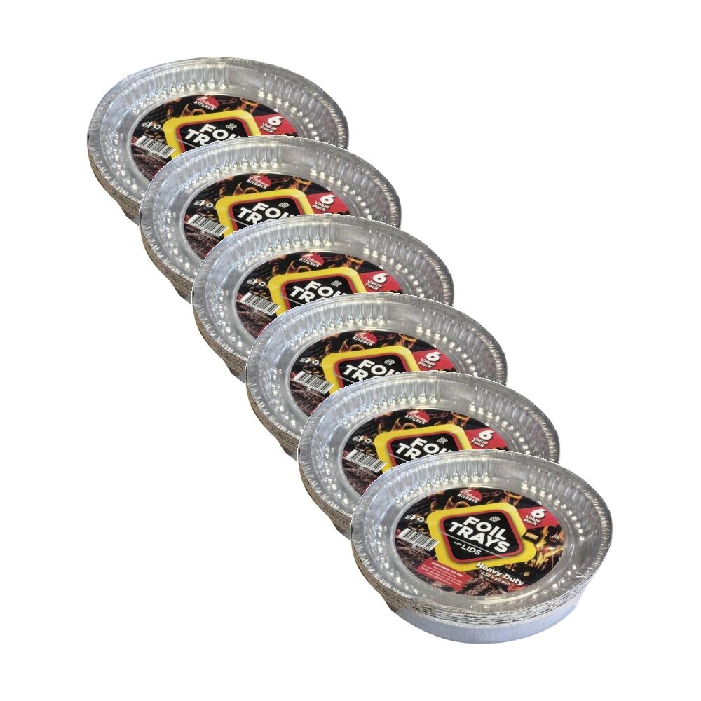 6x 6pc Braz Aluminium Foil Disposable Cake Dish Tray W/ Lids 23cm Silver