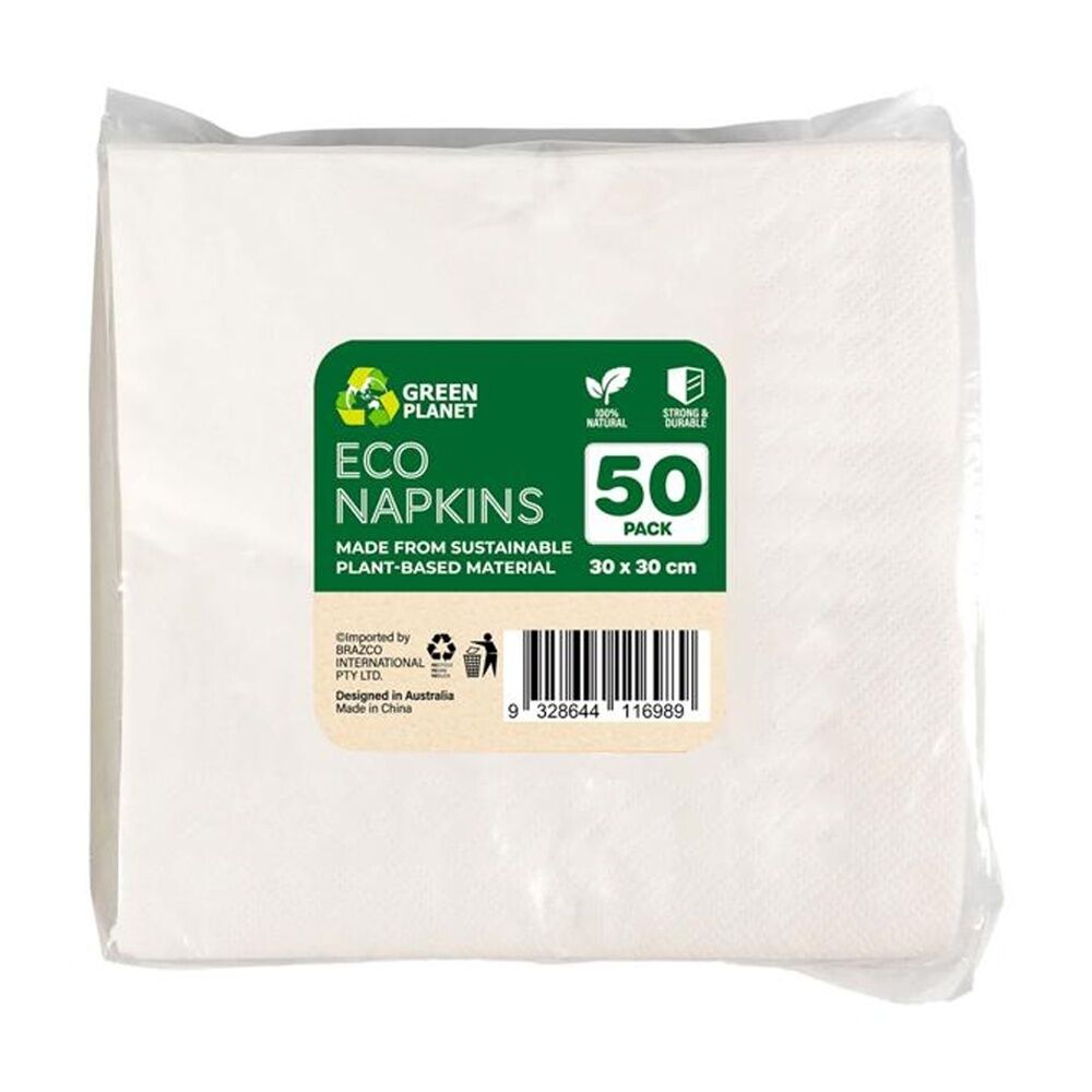 12x 50pc Braz Earth Sustainable Plant-Based Durable Napkins 30x30cm White