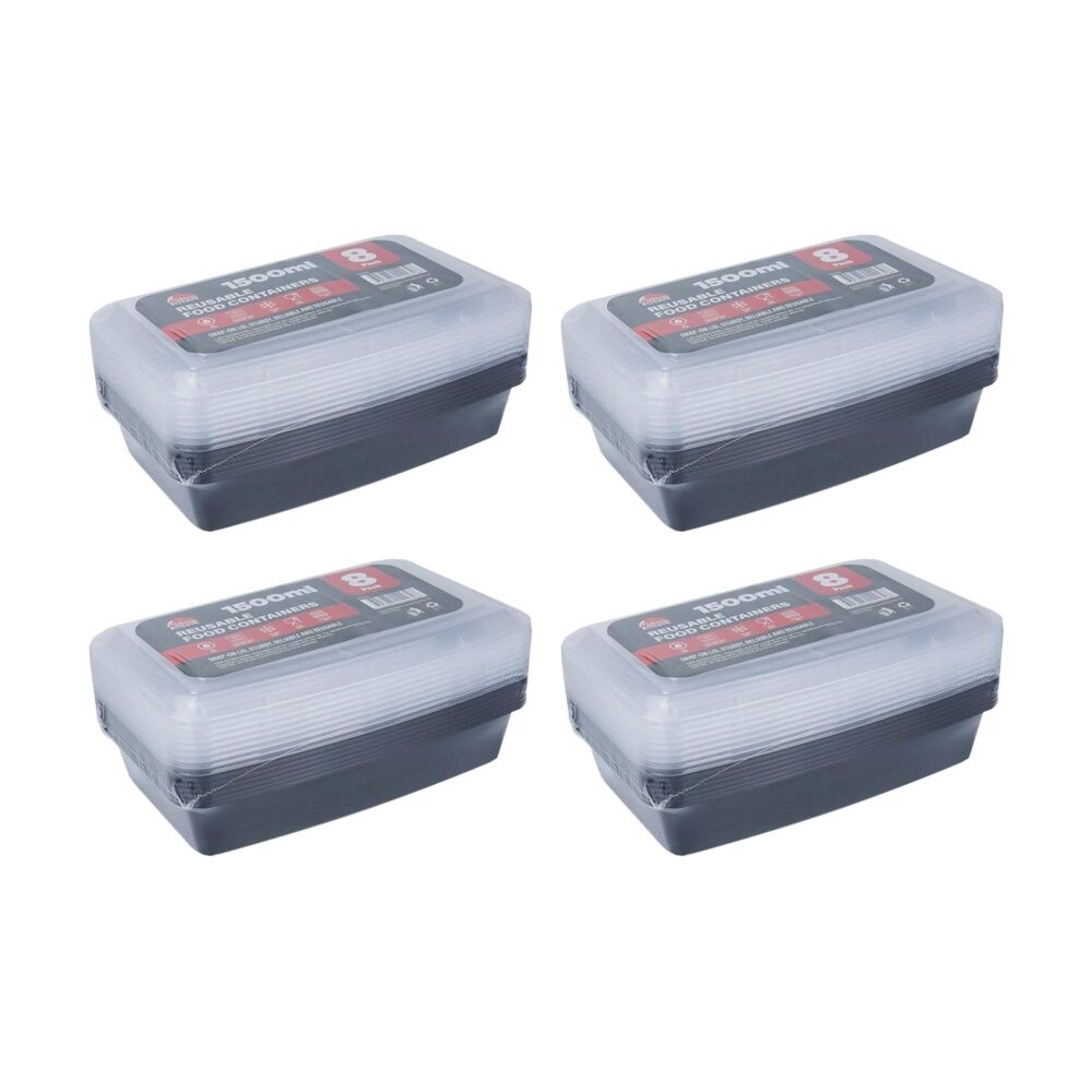 4x 8pc Braz Reusable Microwave Safe Food Prep Storage Containers 1500ml Clear