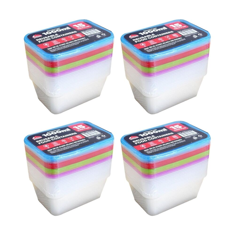 4x 15pc Braz Reusable Rectangular Food Storage Containers W/ Lids 1000ml