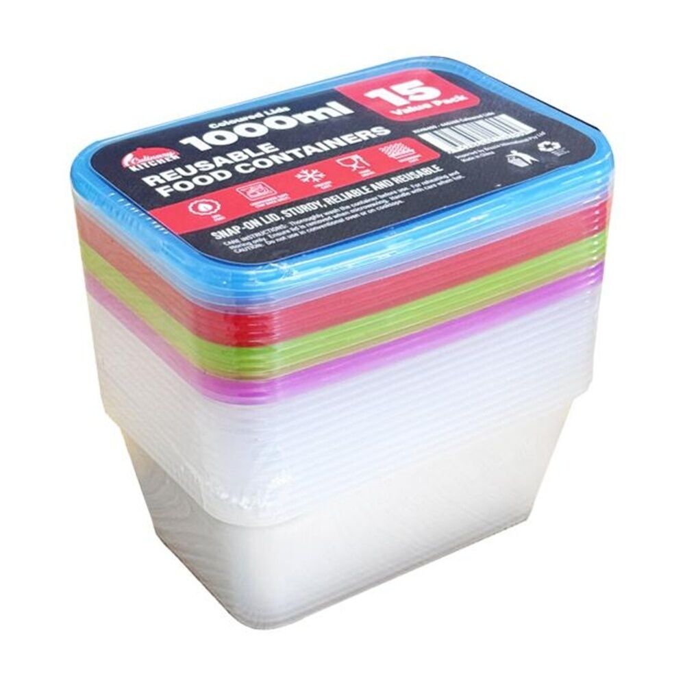 4x 15pc Braz Reusable Rectangular Food Storage Containers W/ Lids 1000ml