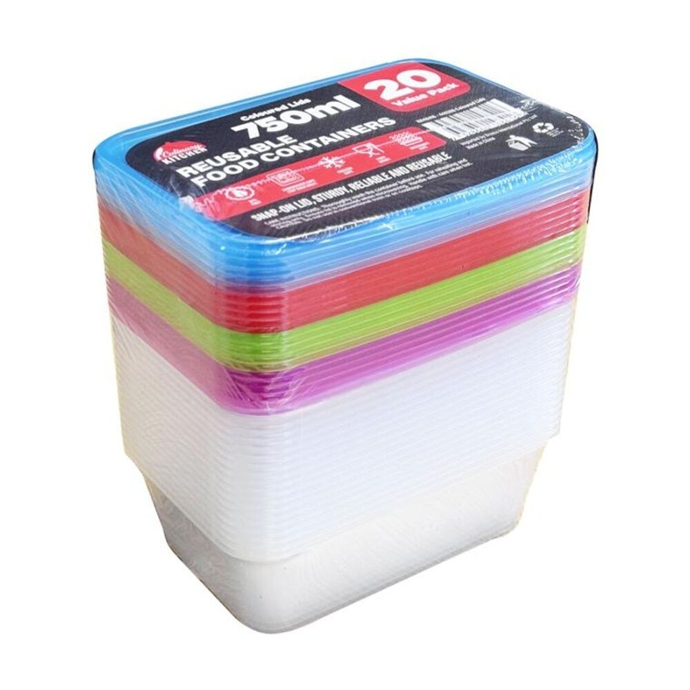 4x 20pc Braz Reusable Rectangular Food Storage Containers W/ Lids 750ml Coloured