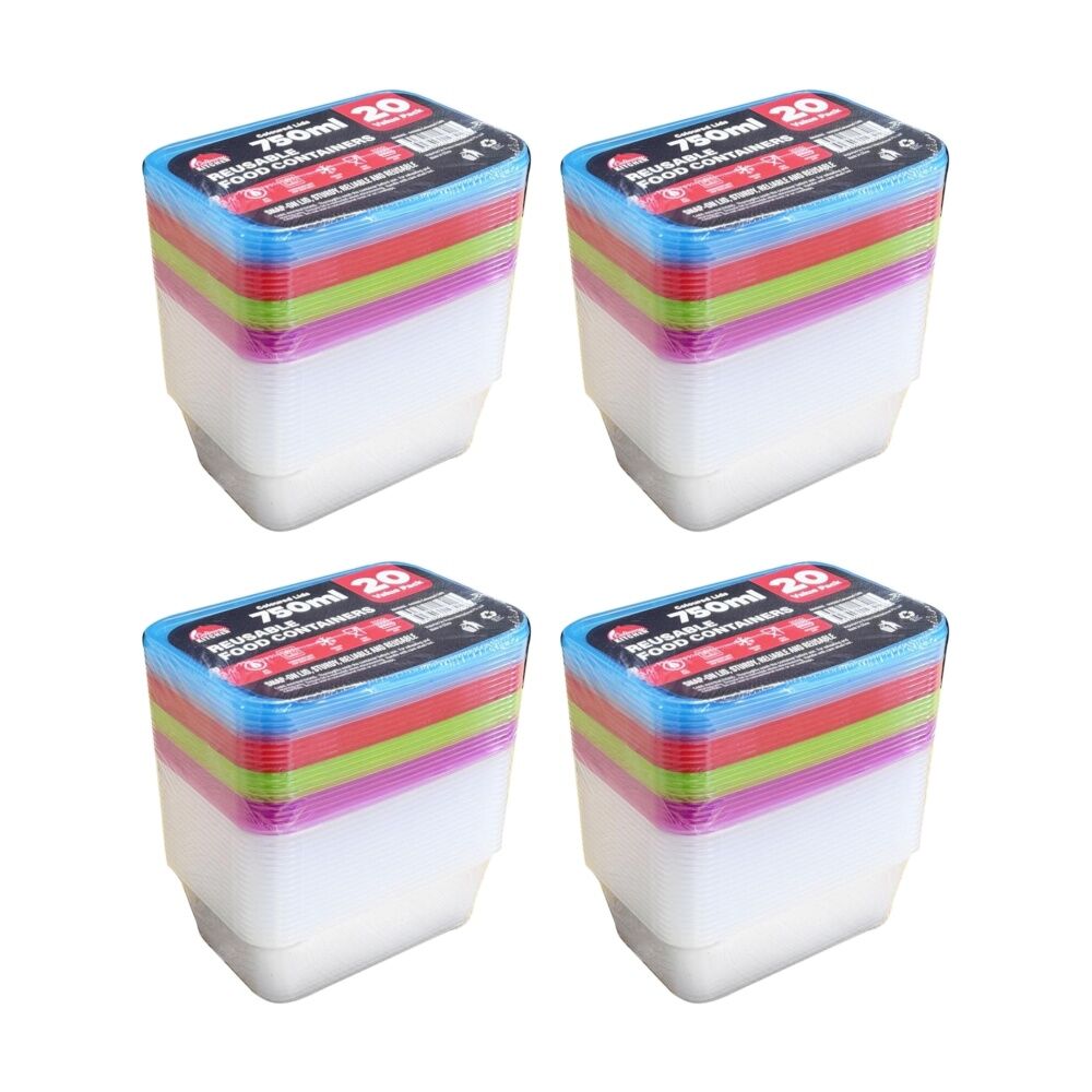 4x 20pc Braz Reusable Rectangular Food Storage Containers W/ Lids 750ml Coloured