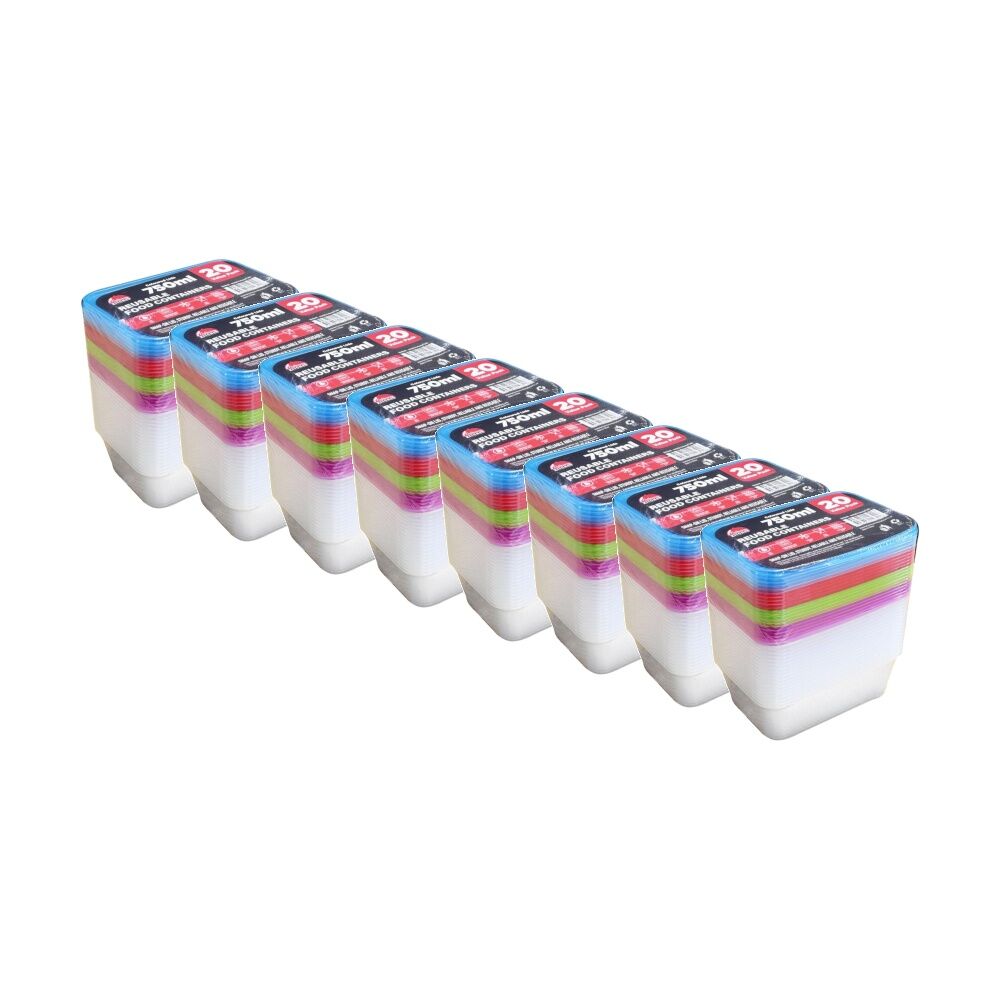 8x 20pc Braz Reusable Rectangular Food Storage Containers W/ Lids 750ml Coloured