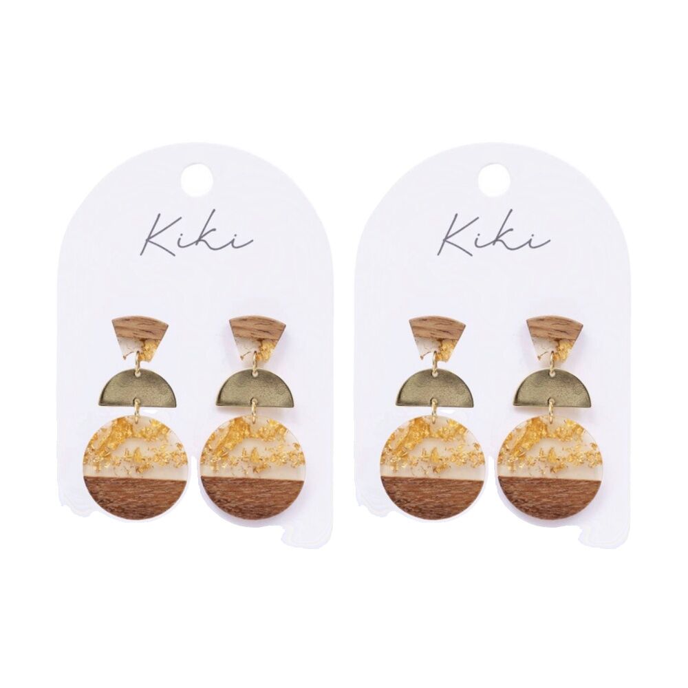 2PK Kiki Gold Foil Curves Earrings Lightweight Wood Metal Acrylic