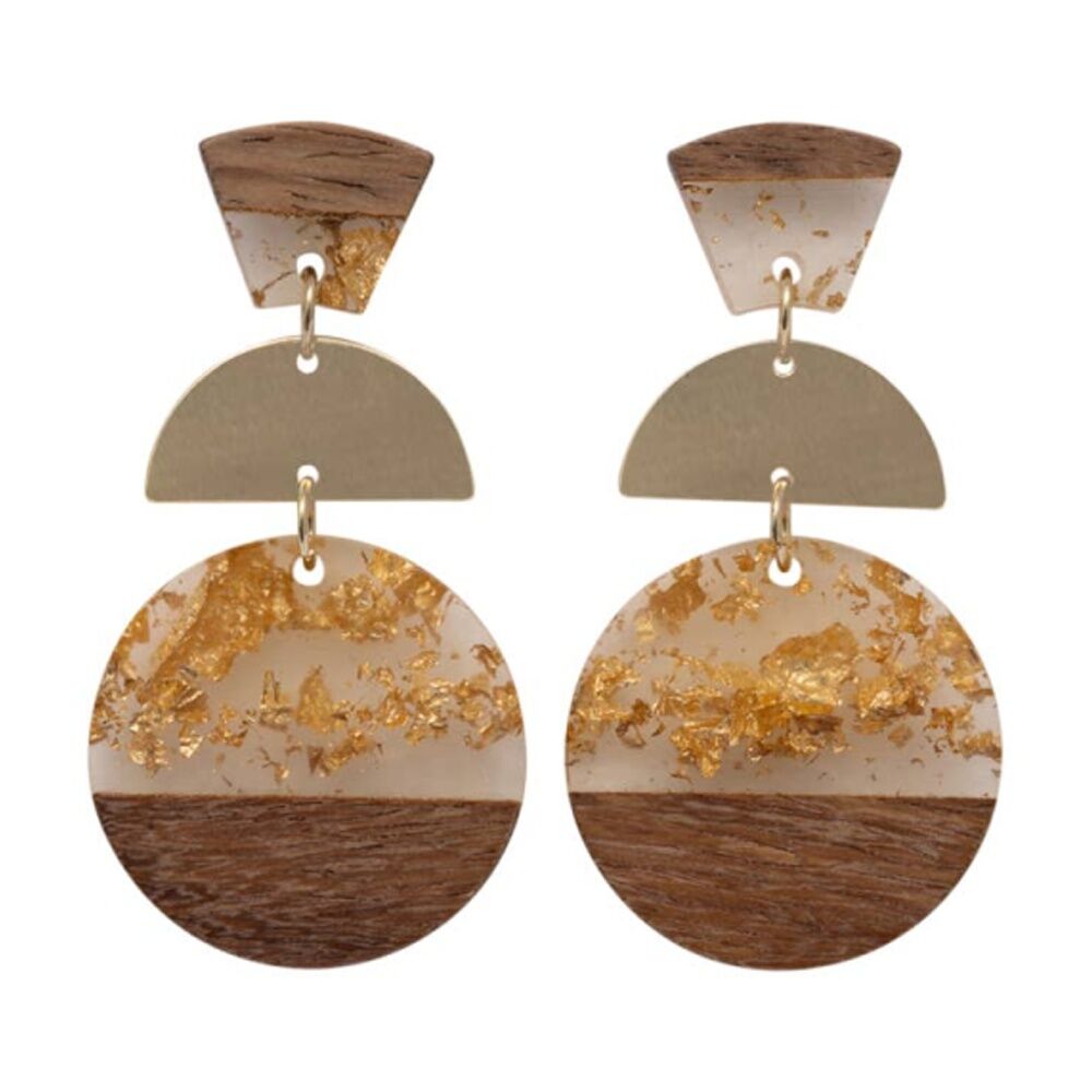 2PK Kiki Gold Foil Curves Earrings Lightweight Wood Metal Acrylic