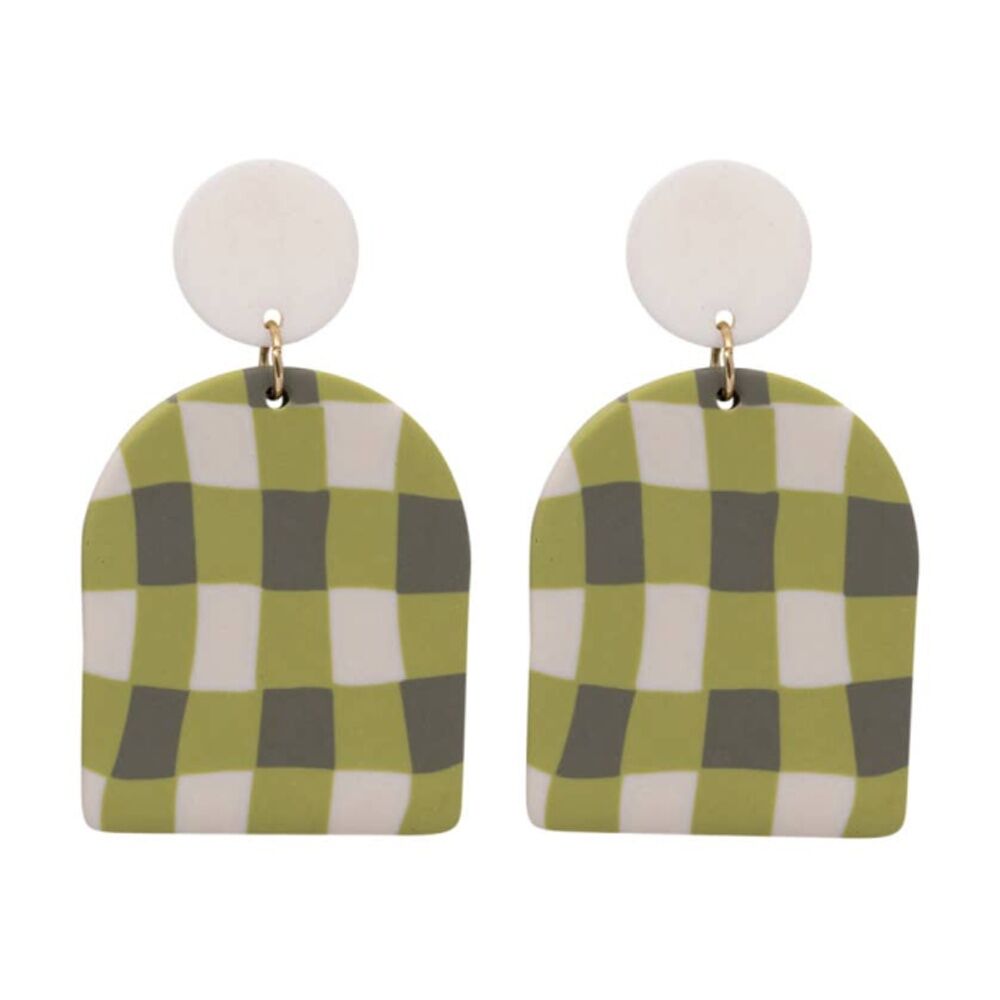 2PK Kiki Gingham Earrings Lightweight Clay Metal Stainless White Green