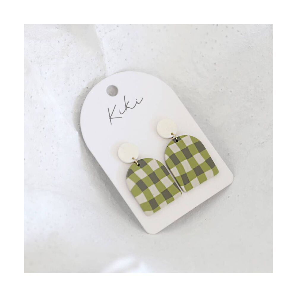 2PK Kiki Gingham Earrings Lightweight Clay Metal Stainless White Green