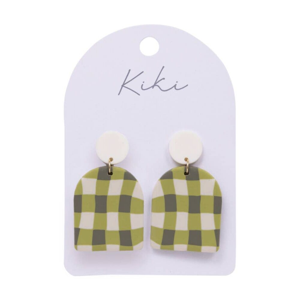2PK Kiki Gingham Earrings Lightweight Clay Metal Stainless White Green