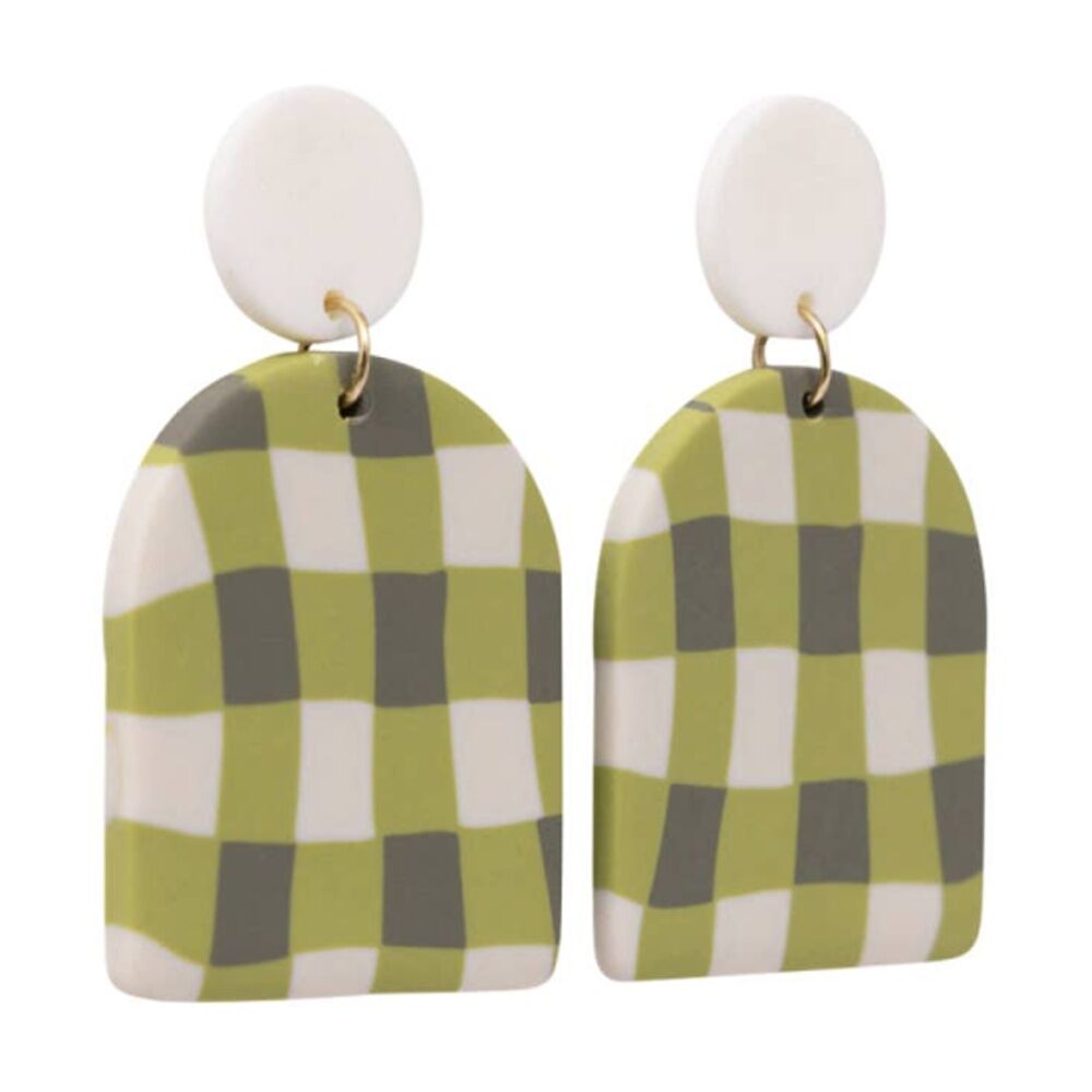 2PK Kiki Gingham Earrings Lightweight Clay Metal Stainless White Green