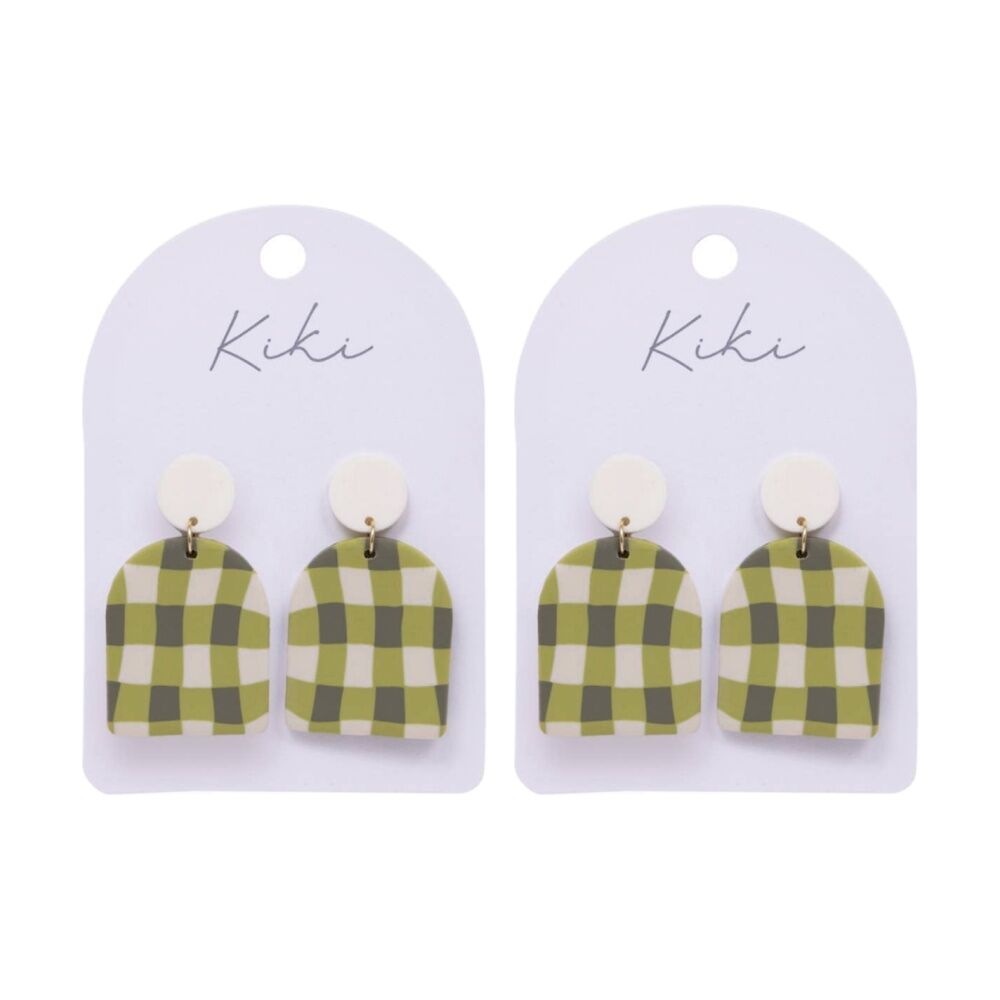 2PK Kiki Gingham Earrings Lightweight Clay Metal Stainless White Green