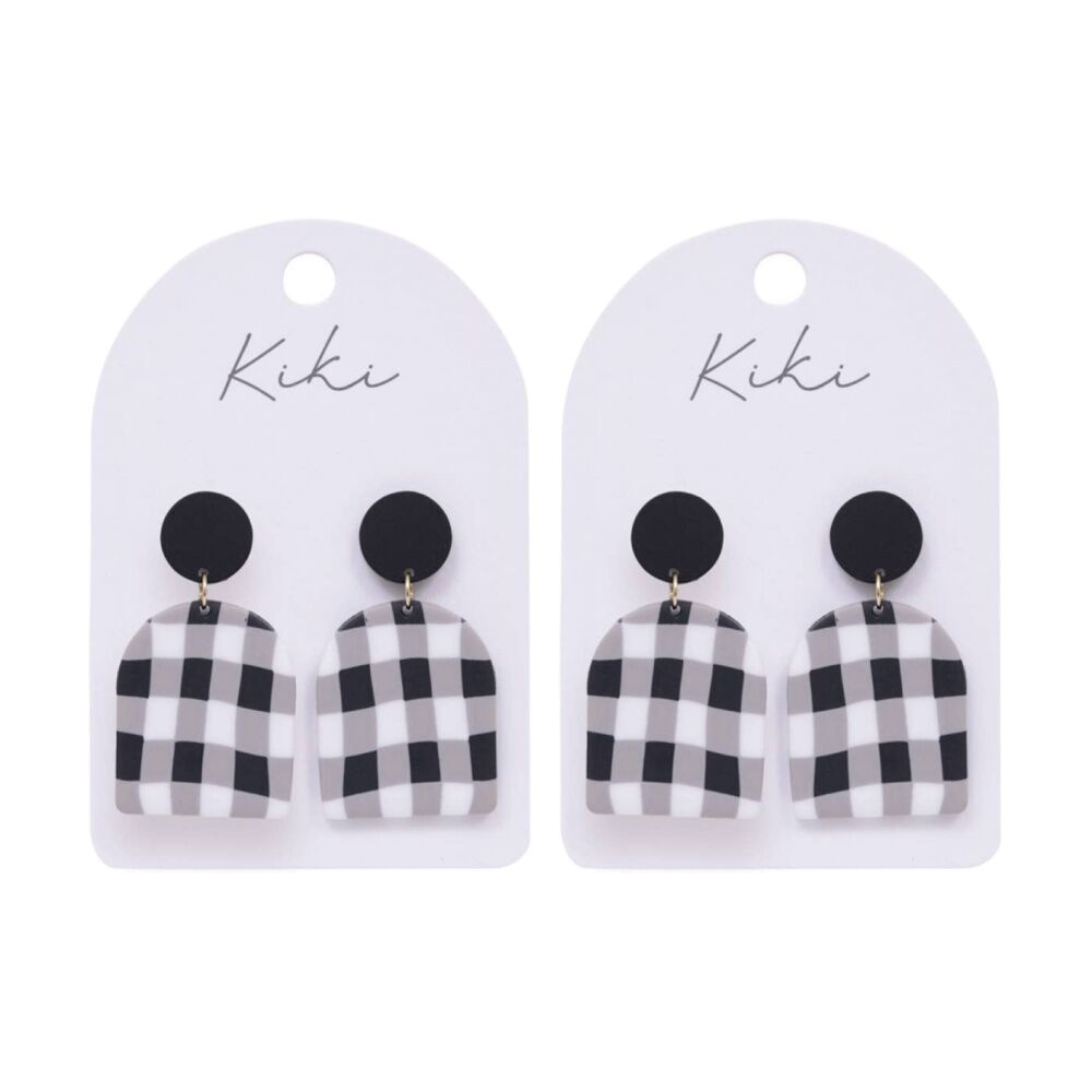 2PK Kiki Gingham Earrings Lightweight Clay Metal Statement Black White
