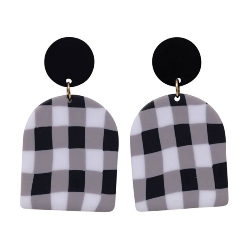 2PK Kiki Gingham Earrings Lightweight Clay Metal Statement Black White