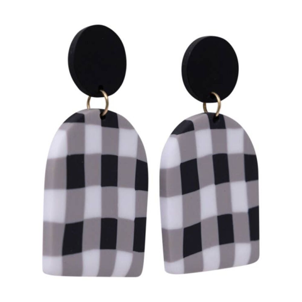 2PK Kiki Gingham Earrings Lightweight Clay Metal Statement Black White