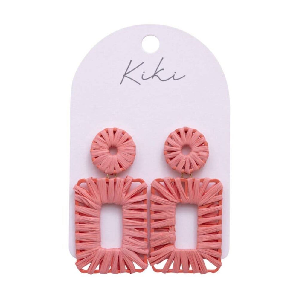 Kiki Pink Rectangles Earrings Lightweight Raffia Metal Woven Design