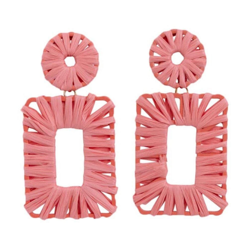 Kiki Pink Rectangles Earrings Lightweight Raffia Metal Woven Design