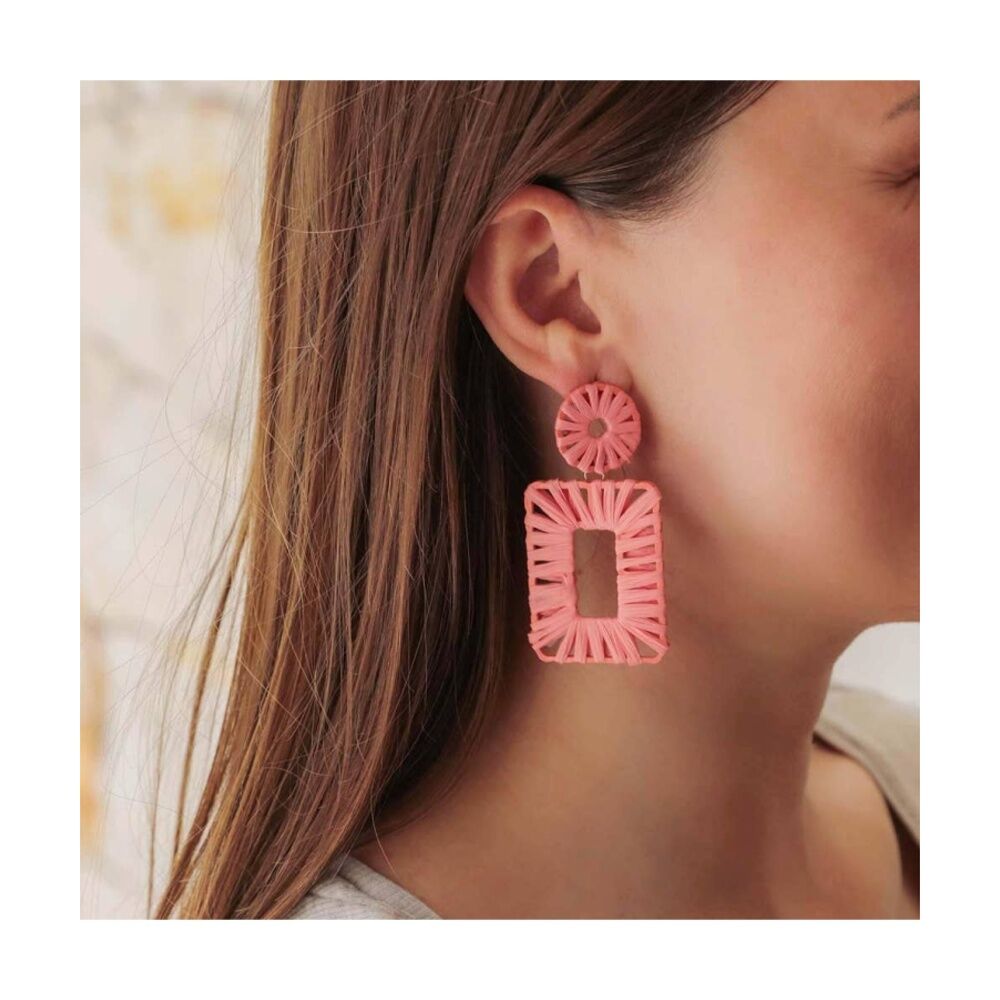 Kiki Pink Rectangles Earrings Lightweight Raffia Metal Woven Design