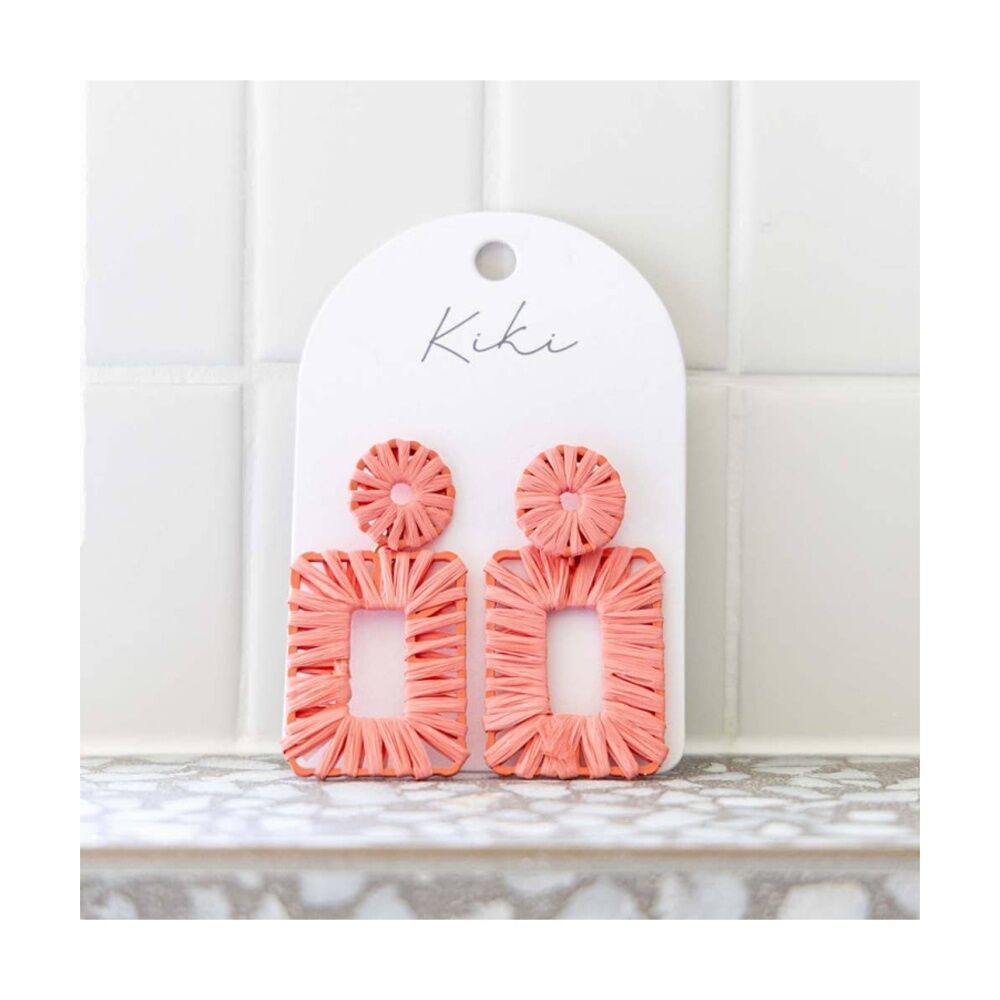 Kiki Pink Rectangles Earrings Lightweight Raffia Metal Woven Design