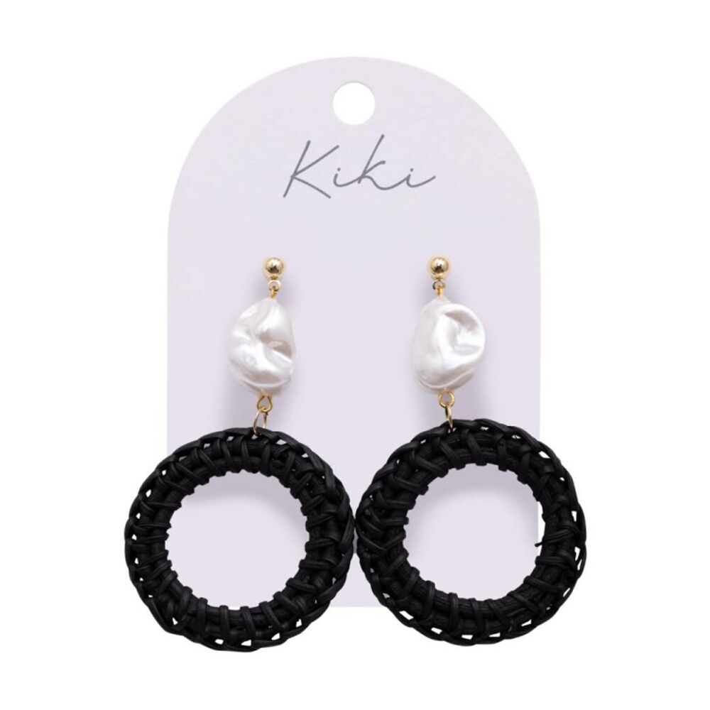 Kiki Pearl Rounds Earrings Lightweight Raffia Metal Statement Black