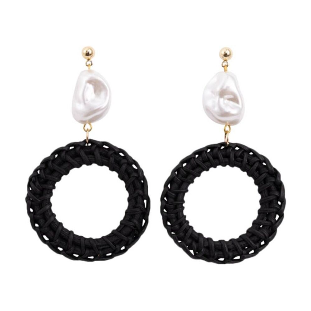 Kiki Pearl Rounds Earrings Lightweight Raffia Metal Statement Black