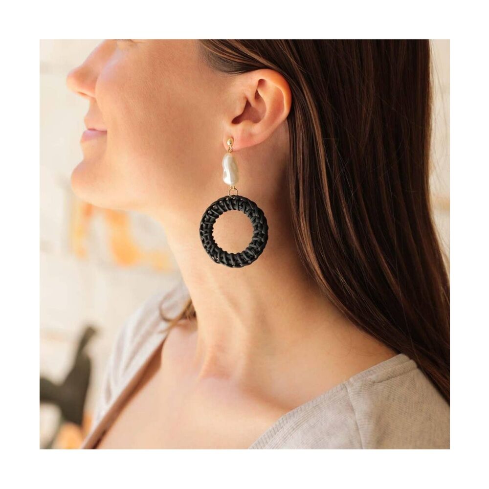 Kiki Pearl Rounds Earrings Lightweight Raffia Metal Statement Black