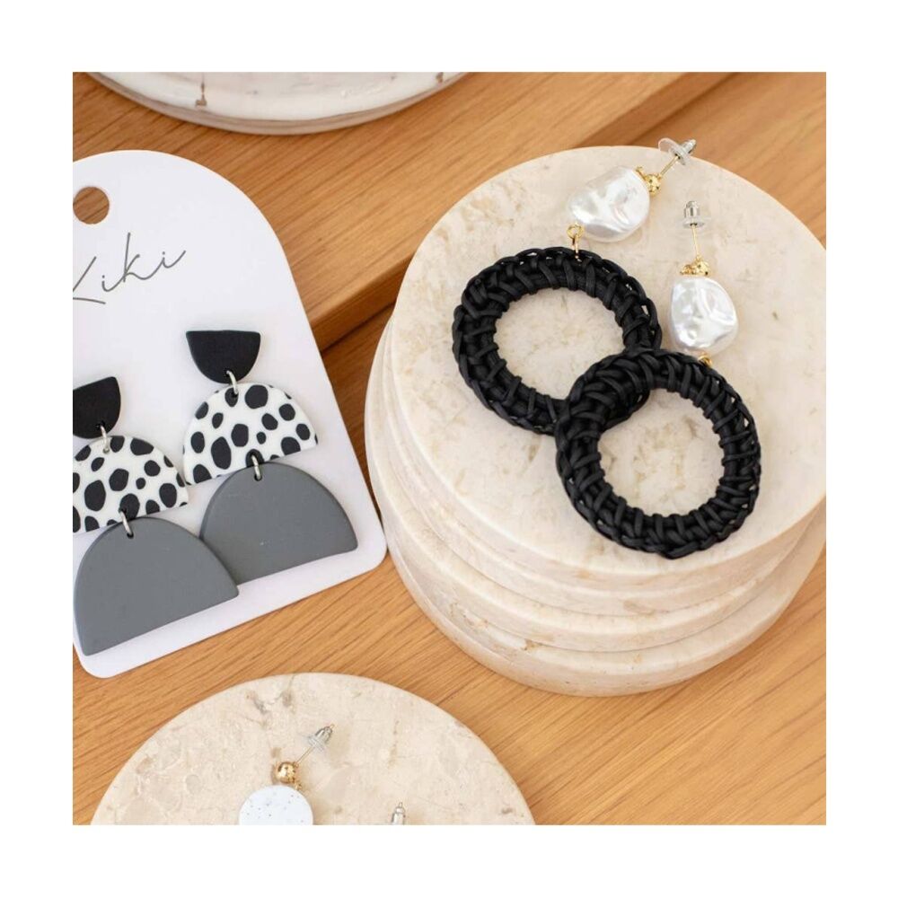 Kiki Pearl Rounds Earrings Lightweight Raffia Metal Statement Black