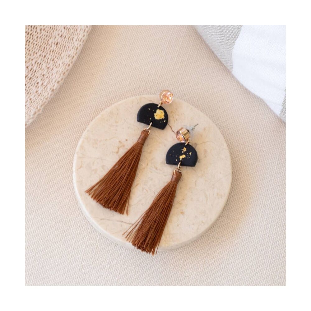 Kiki Midnight Tassel Earrings Stainless Clay Light Black Gold Brown