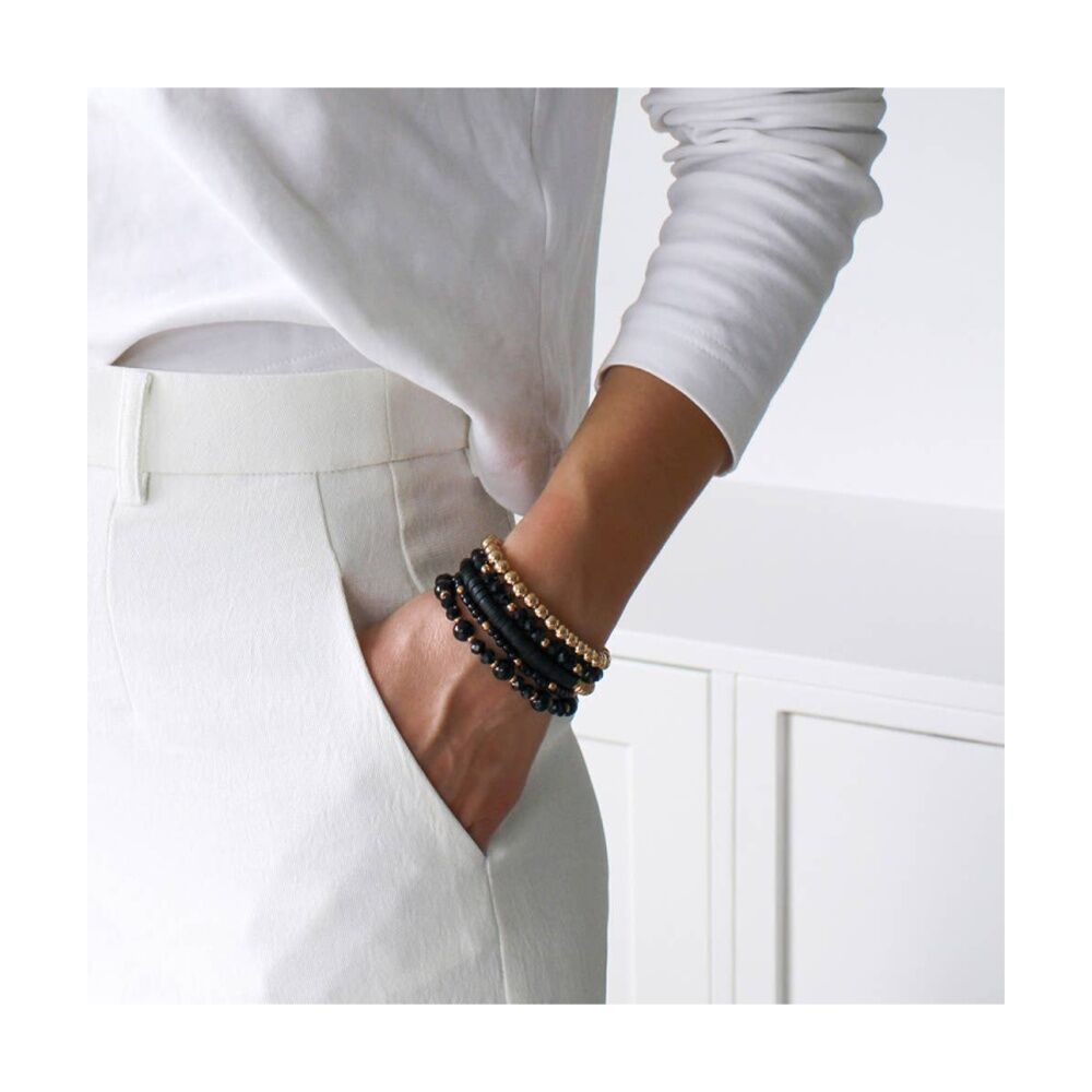5pc Kiki Midnight Drift Bracelet Glass Beaded Fashion Set Black Gold