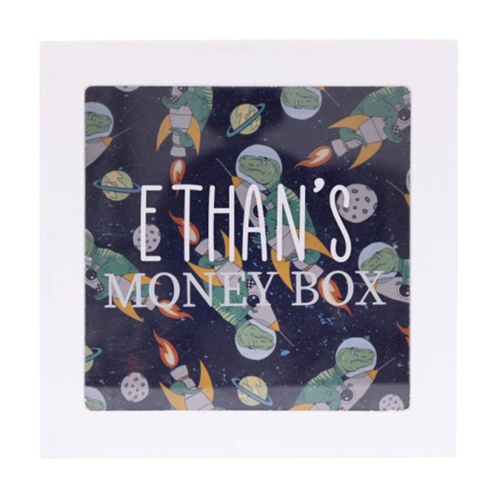 Splosh Money Box Ethan Personalised Name White Dark Blue 13x5x13cm