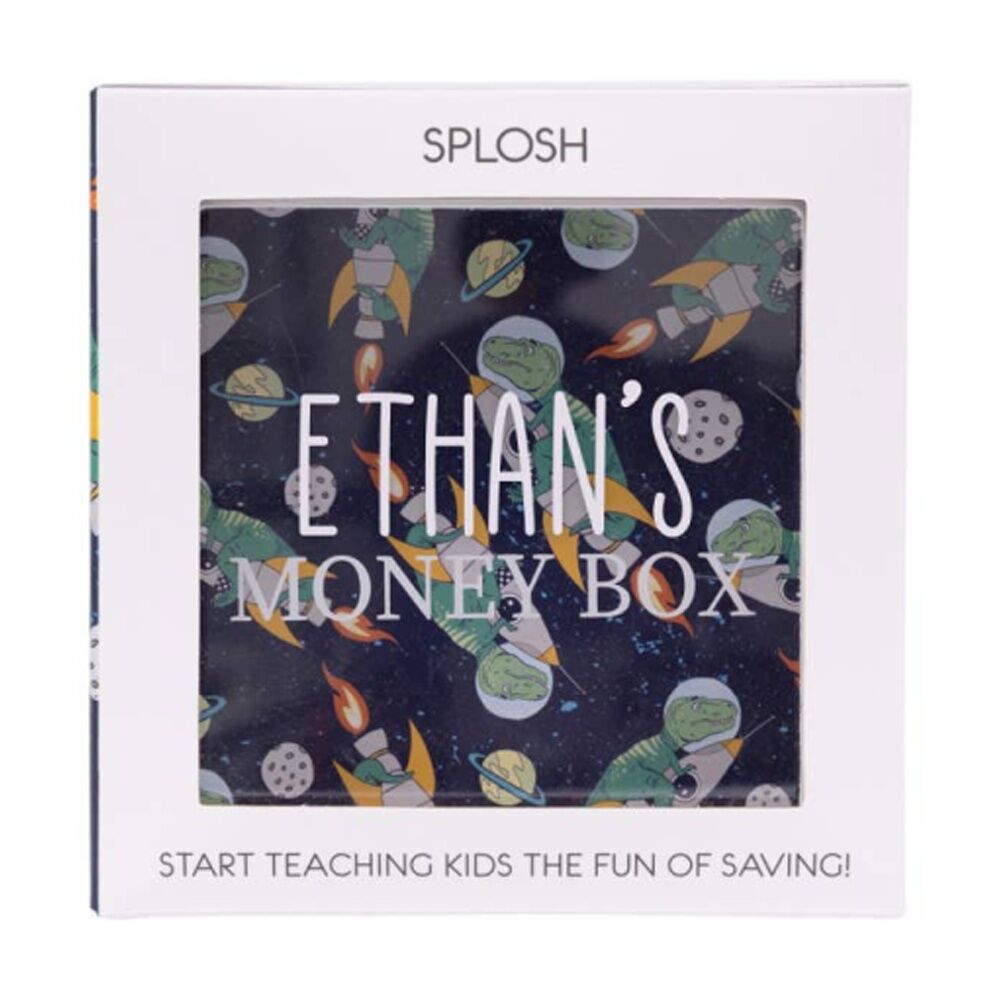 Splosh Money Box Ethan Personalised Name White Dark Blue 13x5x13cm