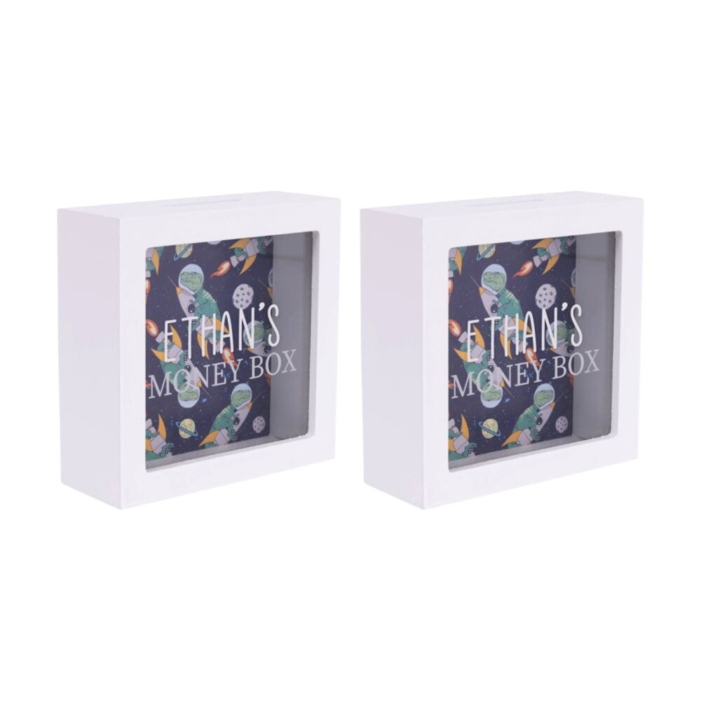 2PK Splosh Money Box Ethan Personalised Name White Dark Blue 13x5x13cm