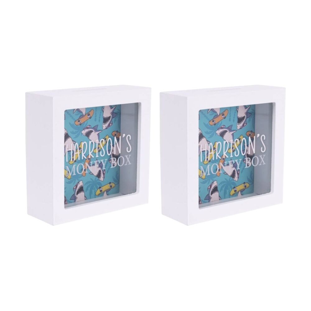 2PK Splosh Money Box Harrison Personalised Name White Green 13x5x13cm
