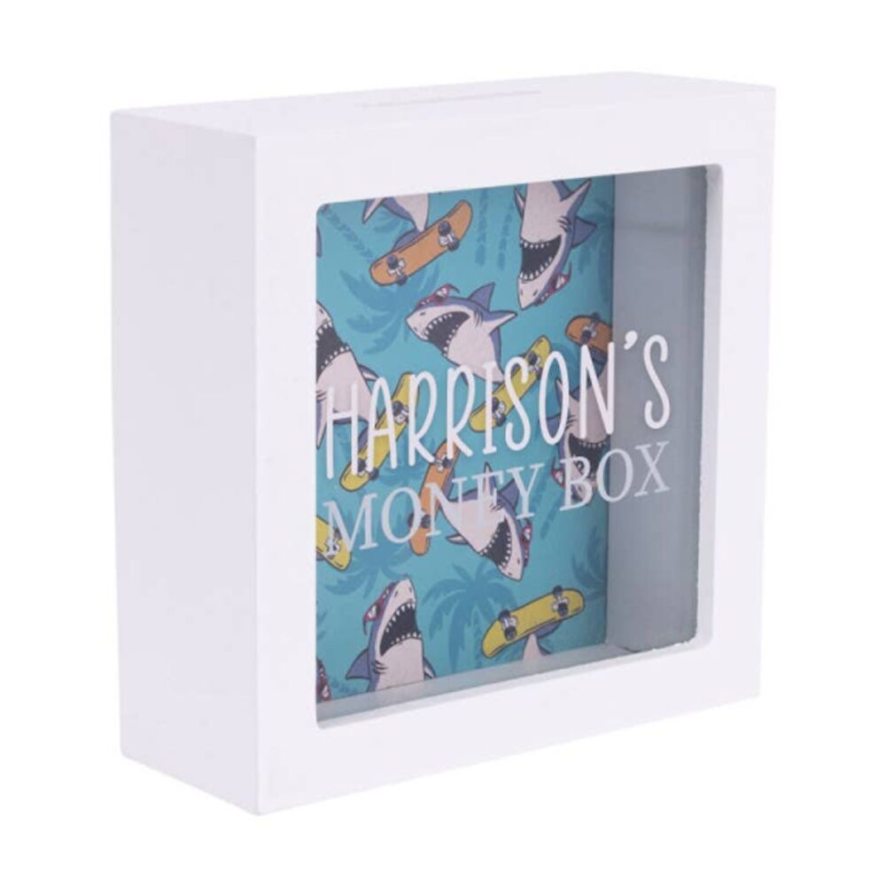 2PK Splosh Money Box Harrison Personalised Name White Green 13x5x13cm