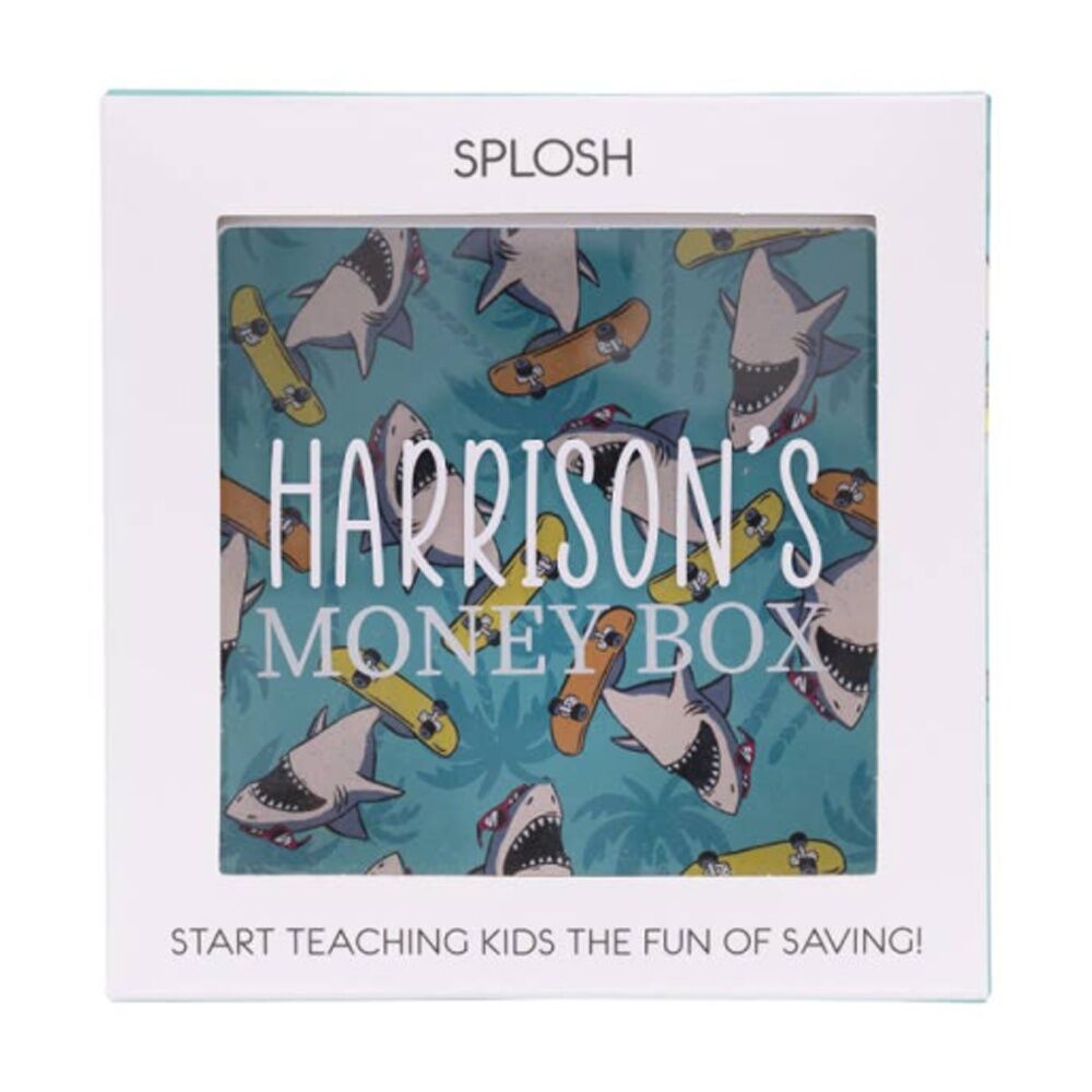 2PK Splosh Money Box Harrison Personalised Name White Green 13x5x13cm