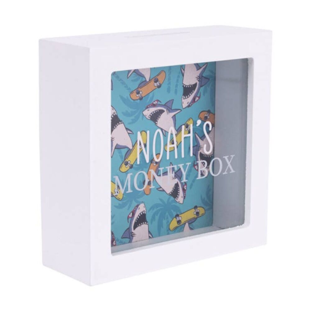 Splosh Kids Money Box Noah Personalised Wooden White Green 13x5x13cm