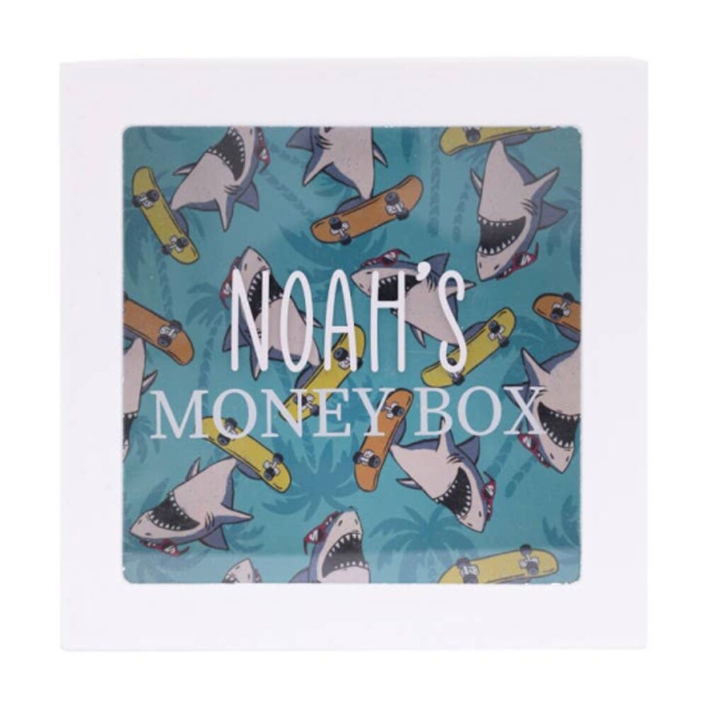 Splosh Kids Money Box Noah Personalised Wooden White Green 13x5x13cm