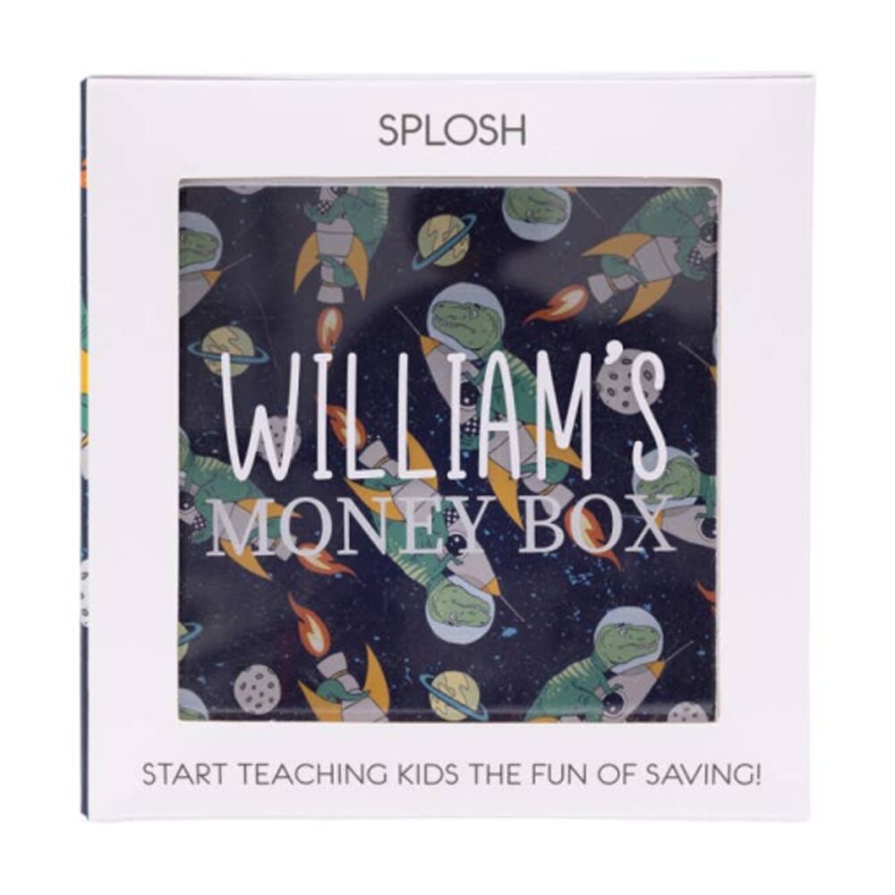 Splosh Kids Money Box William Personalised White Dark Blue 13x5x13cm