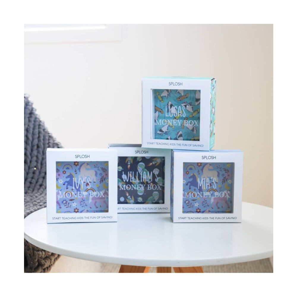 Splosh Kids Money Box William Personalised White Dark Blue 13x5x13cm