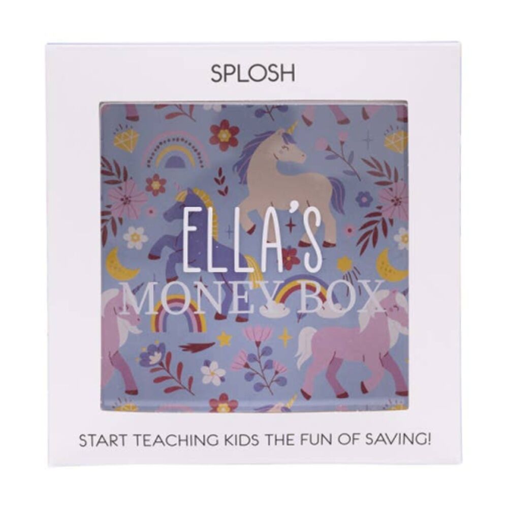 2PK Splosh Kids Money Box Ella Personalised Name White Blue 13x5x13cm