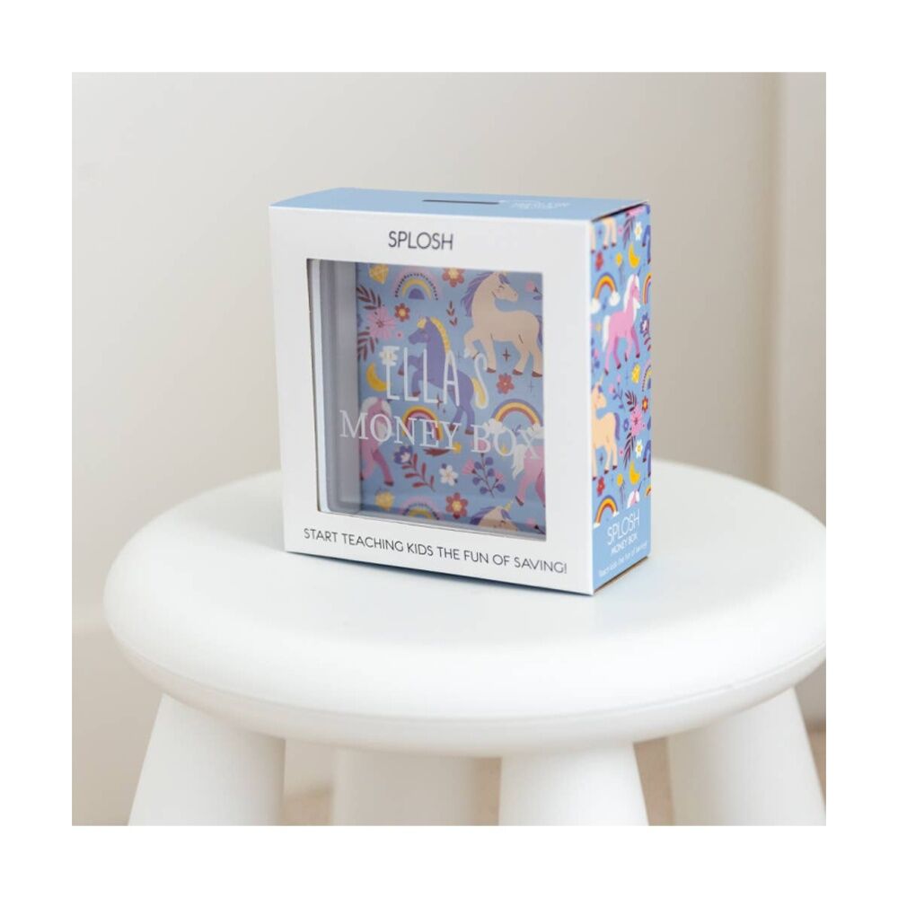 2PK Splosh Kids Money Box Ella Personalised Name White Blue 13x5x13cm