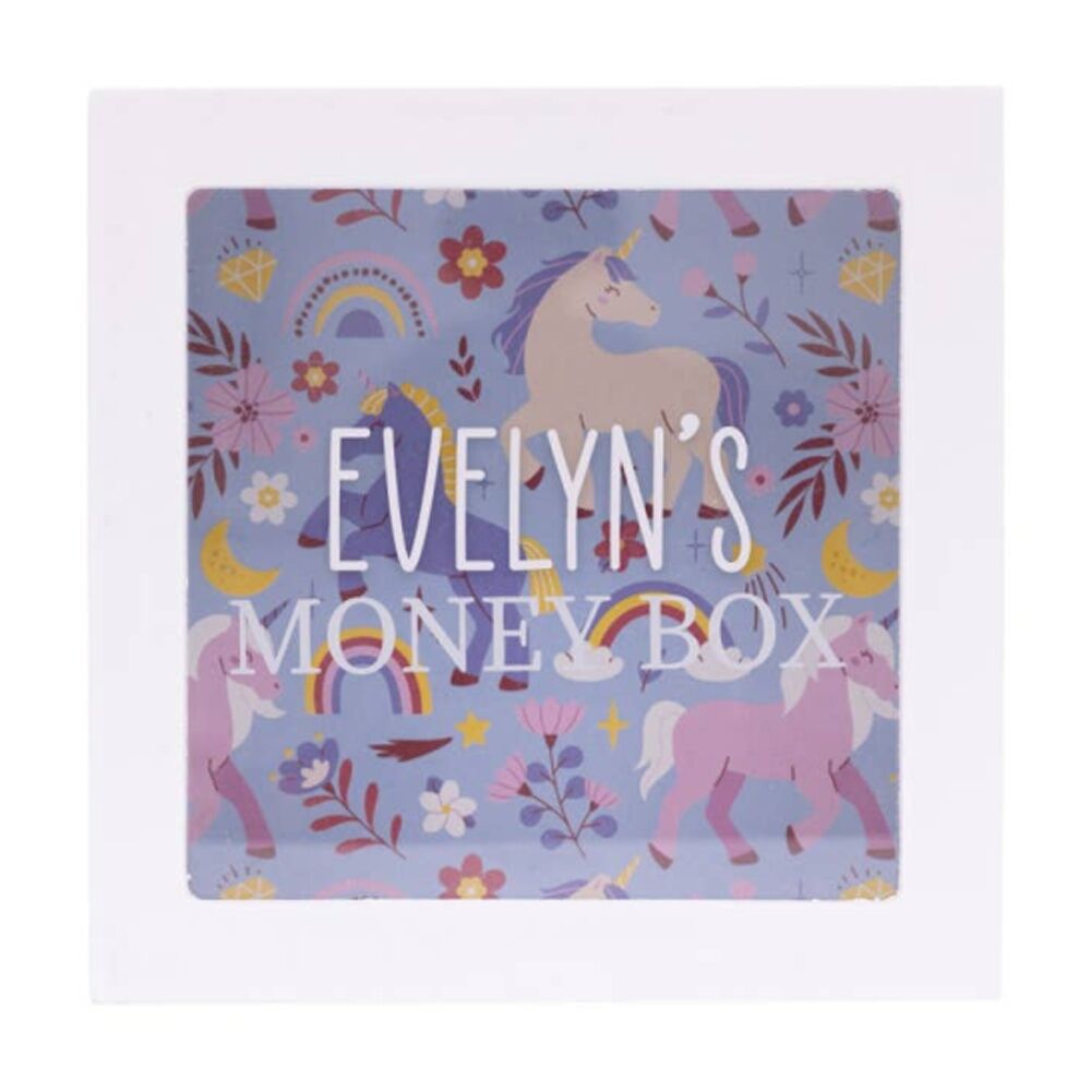 Splosh Kids Money Box Evelyn Personalised Name White Blue 13x5x13cm