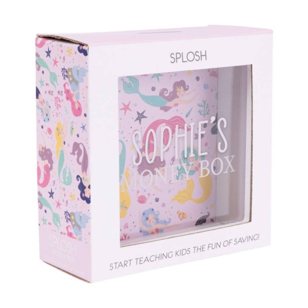 Splosh Kids Money Box Sophie Personalised Name White Pink 13x5x13cm
