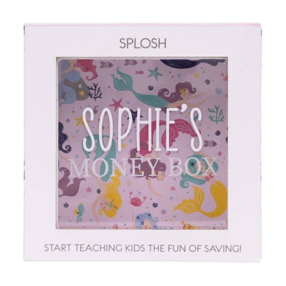 Splosh Kids Money Box Sophie Personalised Name White Pink 13x5x13cm