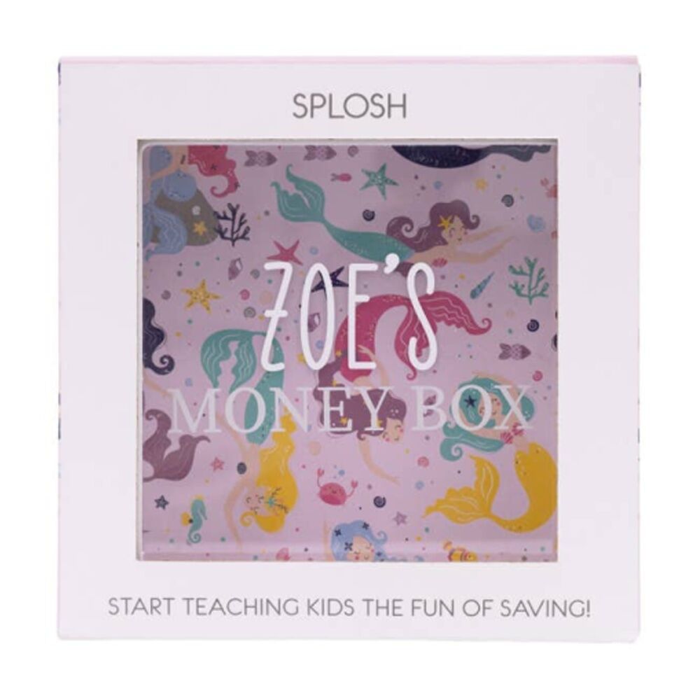 Splosh Kids Money Box Zoe Personalised Name Wood White Pink 13x5x13cm