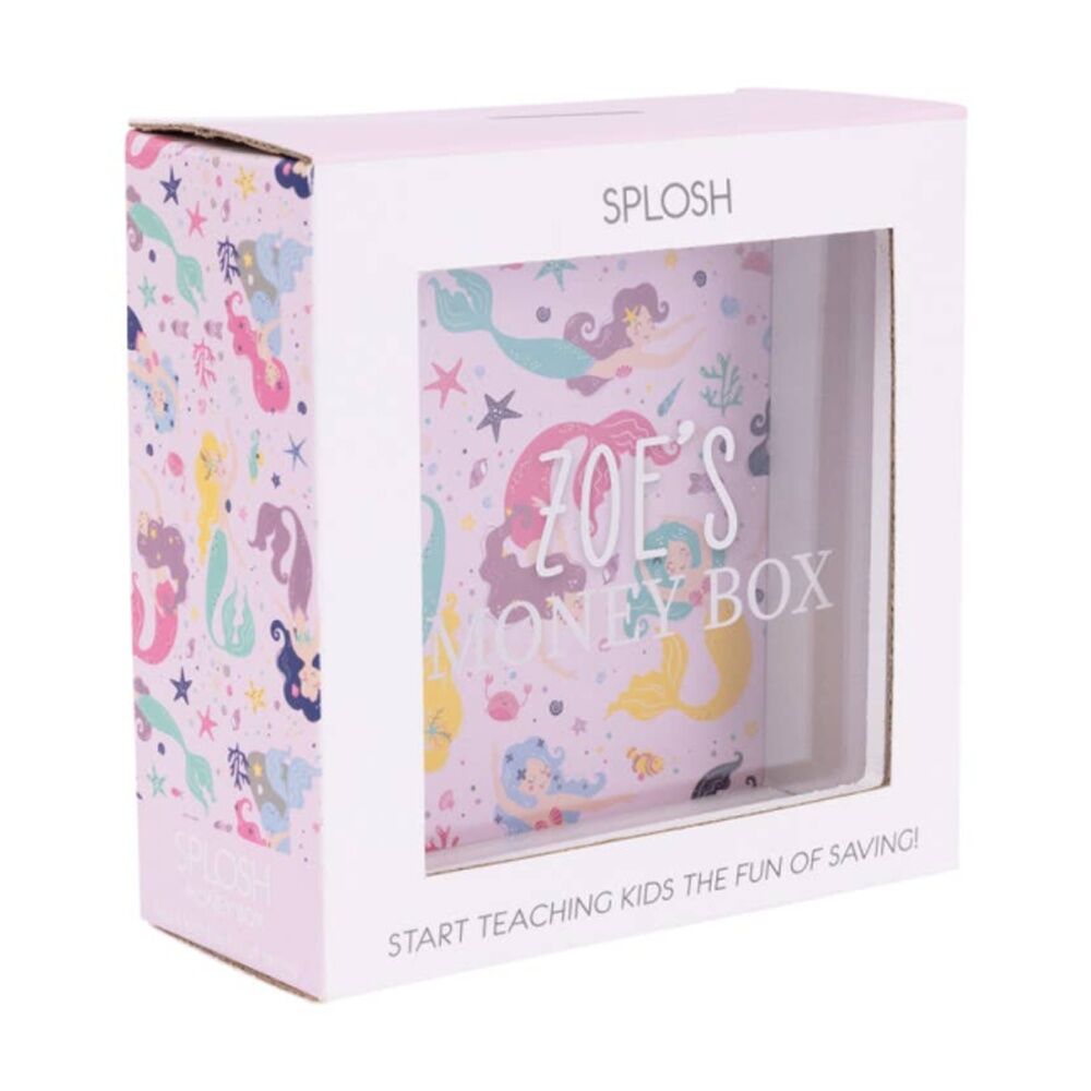 Splosh Kids Money Box Zoe Personalised Name Wood White Pink 13x5x13cm