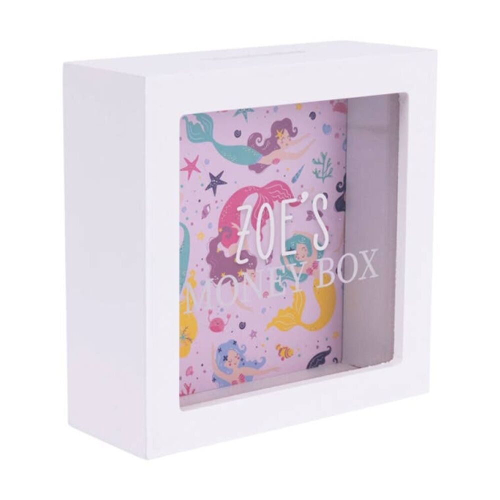 Splosh Kids Money Box Zoe Personalised Name Wood White Pink 13x5x13cm