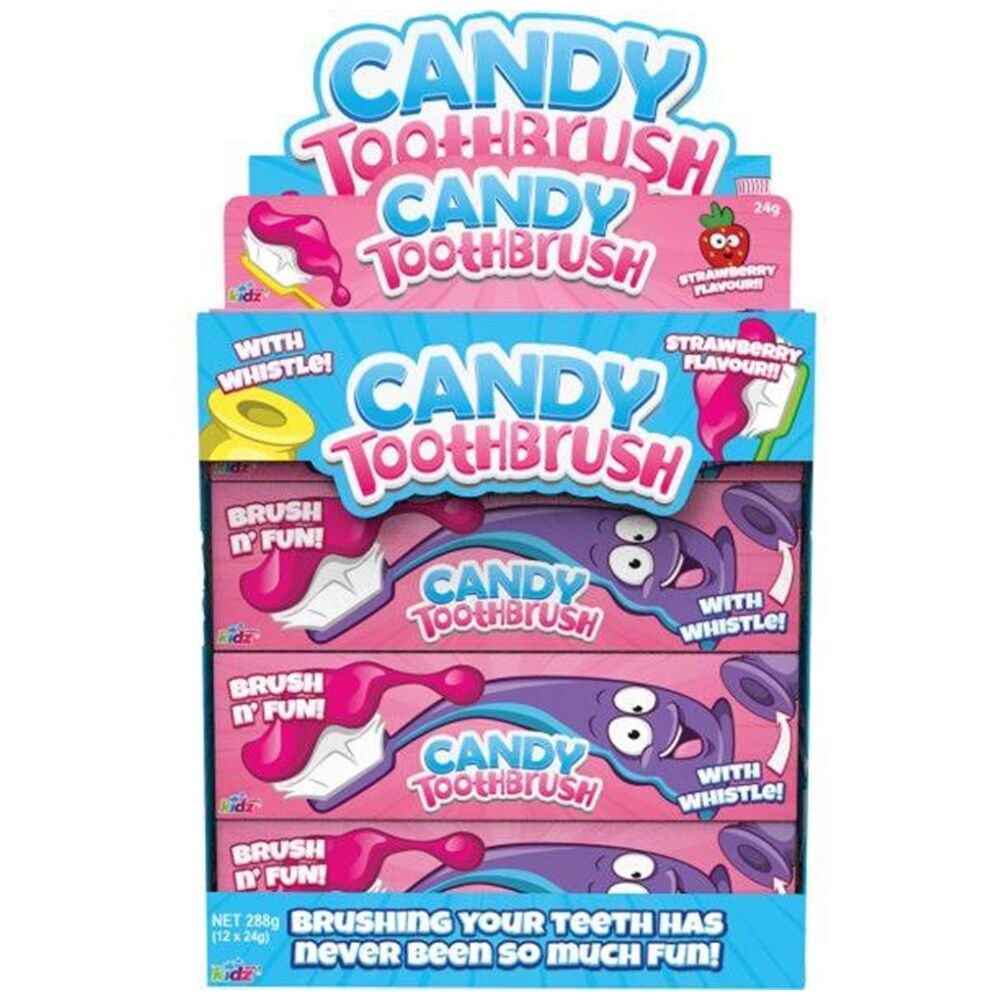 12PK Kidzworld Strawberry Flavoured Candy Toothbrush W/ Whistle 24g